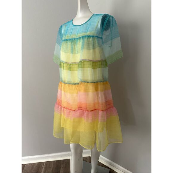 NWT Staud Sheer Organza Hyacinth Short Sleeve Tiered Mini Dress Multicolor Small - Picture 5 of 12